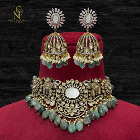 Uncut Polki Choker Set - Jade Green