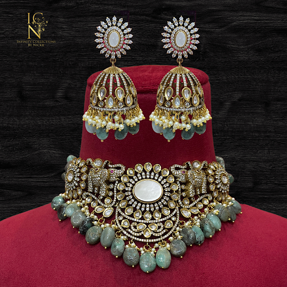 Uncut Polki Choker Set - Jade Green