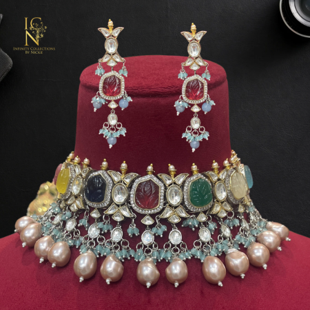 Victorian Polki Carved stone  set - Multi