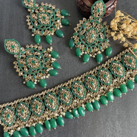 Reverse Polki Choker set - Green