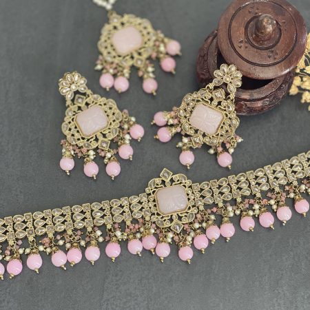 Reverse Polki Choker Set - Pastel pink