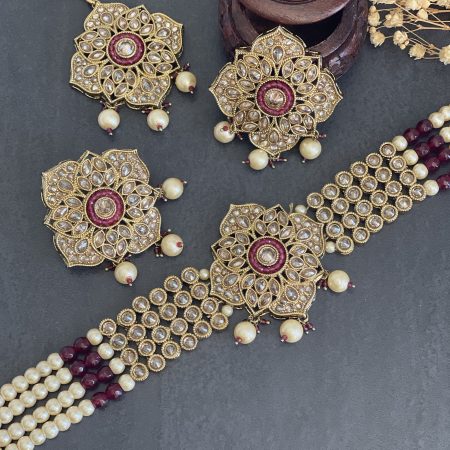 Reverse Polki Choker set - Maroon