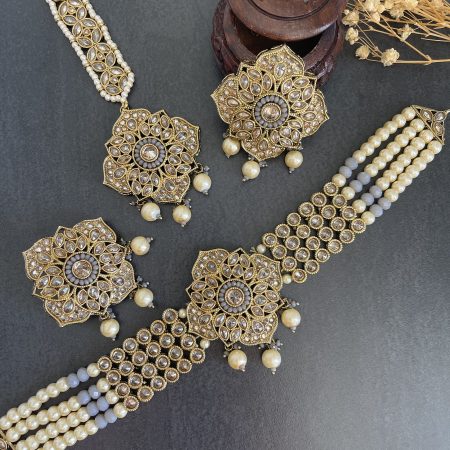 Reverse Polki Choker set - Grey