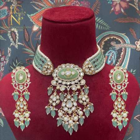 Carved Kundan Necklace set - Mint